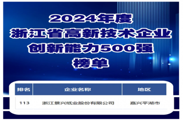 喜报！J9集团纸业入选浙江省高新技术企业创新能力500强榜单